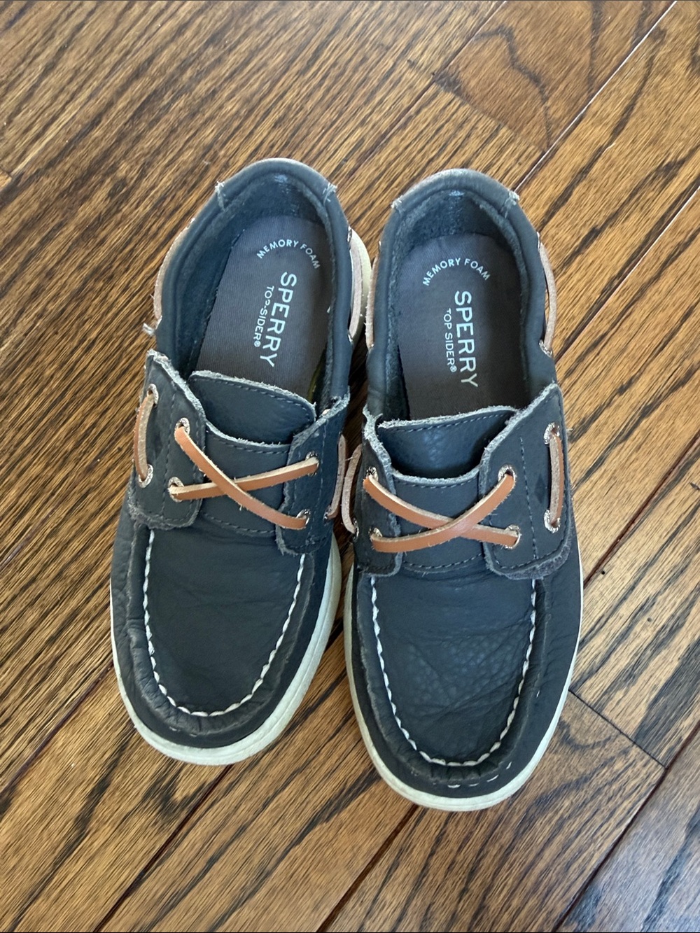 Boy’s Sperry Navy Leather Classic Boat Shoes with Tan Laces